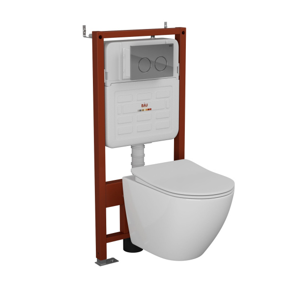 Комплект BAU 6 в 1: усиленная инсталляция BAU IDEAL, унитаз подвесной безободковый Bau Dream PRO-2, сиденье микролифт, клавиша BAU Round, хром