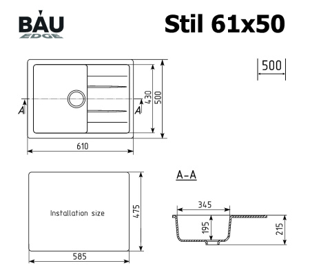 Мойка для кухни оборачиваемая с крылом BAU Stil Black coal 61х50, выпуск с сифоном в комплекте, черный уголь