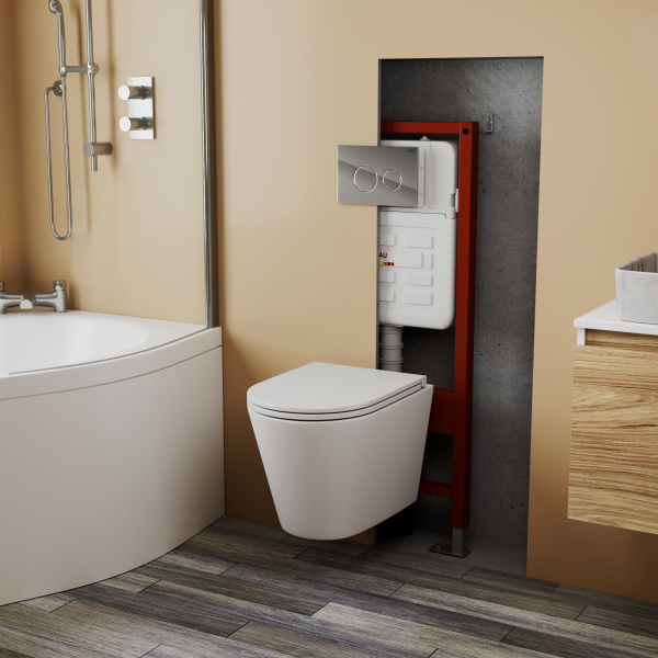 Комплект BAU 6 в 1: усиленная инсталляция BAU IDEAL, унитаз подвесной безободковый торнадо обратного потока Bau Nimb Hurricane-2, сиденье микролифт, клавиша BAU Wheel антивандальная, нерж. сталь хром