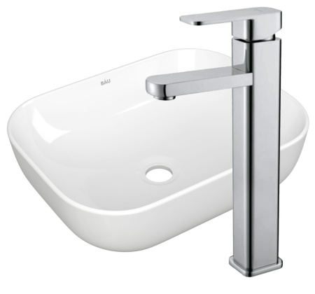 Раковина накладная со смесителем (прямоугольная BAU Stil 50х40, белая + смеситель Hotel Still, нержавеющая сталь)