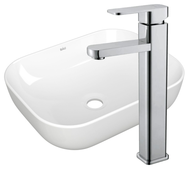 Раковина накладная со смесителем (прямоугольная BAU Stil Pro 50х40, белая + смеситель Hotel Still, нержавеющая сталь)