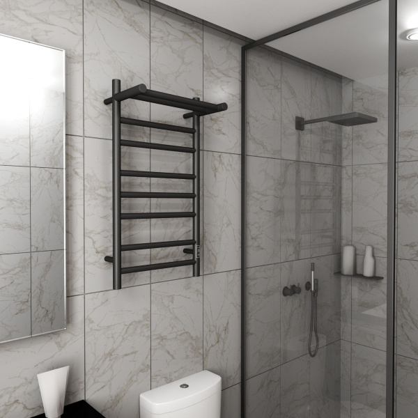 Полотенцесушитель электрический с полкой BAU Stil Shelf 40х80, 7 планок, универсальный, черный матовый RAL 9005