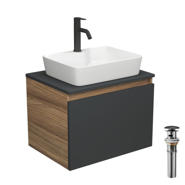 Комплект для ванной, 4 предмета (тумба Bau 60, графит + раковина BAU 48х37, с отв. под смеситель + смеситель Dream Black, выпуск клик-клак, черный)