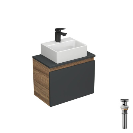 Комплект для ванной, 4 предмета (Тумба подвесная под раковину Bau 50, графит + раковина BAU 33х28 + смеситель Cerama Black, черный, выпуск)