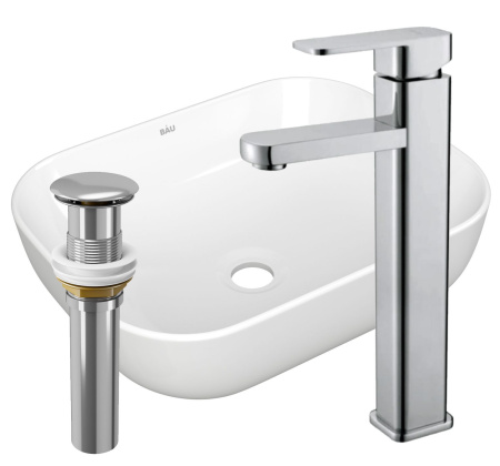 Раковина накладная со смесителем и выпуском (прямоугольная BAU Stil 50х40, белая + смеситель Hotel Still, нер. сталь, выпуск клик-клак хром)