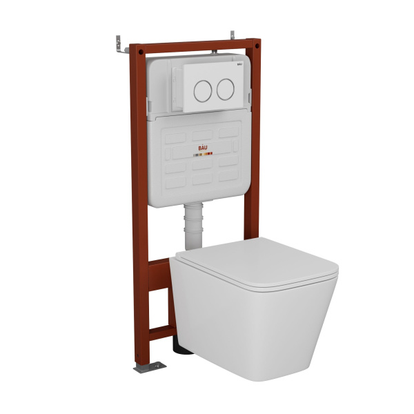 Комплект BAU 6 в 1: усиленная инсталляция BAU IDEAL, унитаз подвесной безободковый торнадо обратного потока Bau Stil 52х36 Hurricane-2, сиденье дюропласт микролифт, клавиша BAU Round, белый/хром