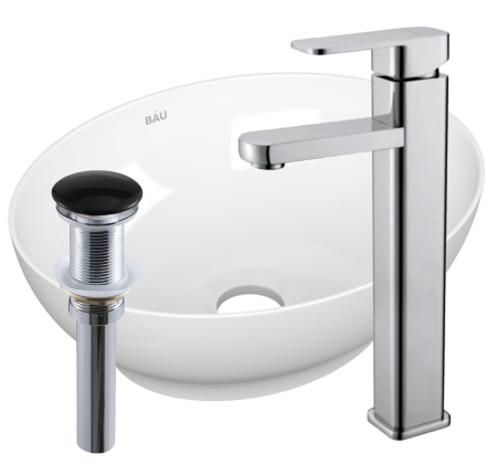 Раковина накладная со смесителем и выпуском (овальная BAU Nimb 41х33, белая + смеситель Hotel Still, нер. сталь, выпуск клик-клак черный)