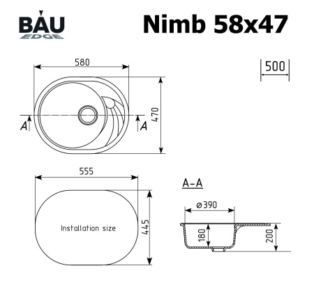 Мойка для кухни оборачиваемая овальная BAU Nimb White snow 58х47, выпуск с сифоном в комплекте, белый снег