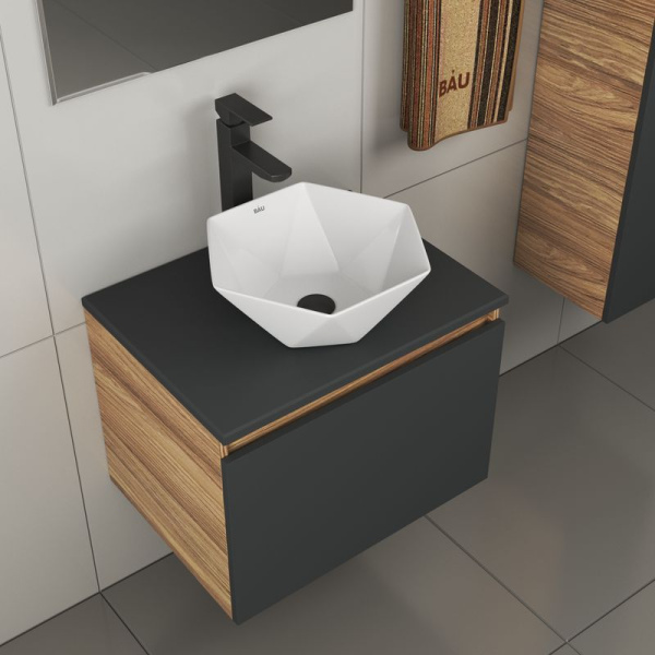 Комплект для ванной, 4 предмета (тумба Bau 60, графит + раковина на столешницу BAU Crystal 40х40 + смеситель Hotel Black, выпуск клик-клак, черный)