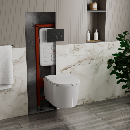 Комплект BAU 6 в 1: усиленная инсталляция BAU IDEAL, унитаз подвесной безободковый Bau Hotel PRO, сиденье микролифт, клавиша BAU Round, черная матовая