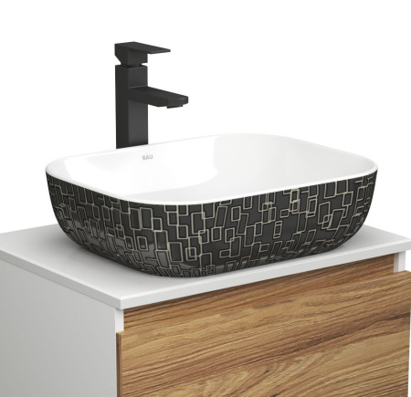 Раковина накладная прямоугольная BAU Stil 50х40 + смеситель  Hotel Black, черный и выпуск клик-клак черный