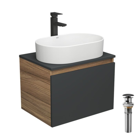 Комплект для ванной, 4 предмета (тумба Bau 60, графит + раковина BAU Nimb 56х36 + смеситель Hotel Black, выпуск клик-клак, черный)