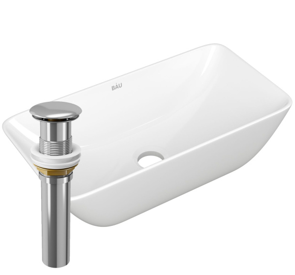 Раковина чаша накладная прямоугольная BAU Spectrum mini 47х24, белая + выпуск клик-клак, хром