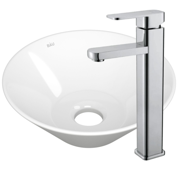 Раковина накладная со смесителем (чаша круглая BAU Dream D43, белая + смеситель Hotel Still, нержавеющая сталь)