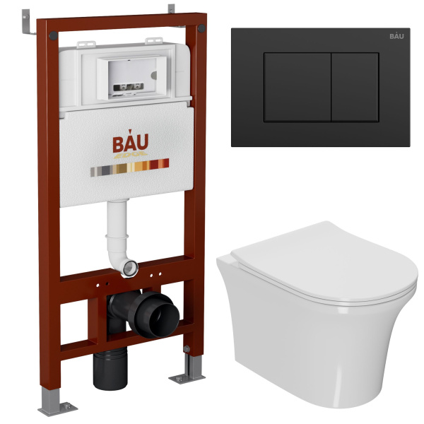Комплект BAU 6 в 1: инсталляция BAU PRO, унитаз подвесной безободковый Bau Spectrum PRO, сиденье быстросъемное микролифт, клавиша BAU Stil, черный матовый