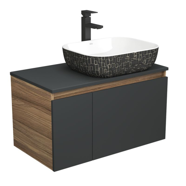 Комплект для ванной, 3 предмета (тумба Bau Dream 80, графит + раковина санфаянс накладная BAU Stil Black White 50х40, смеситель высокий Hotel Black)