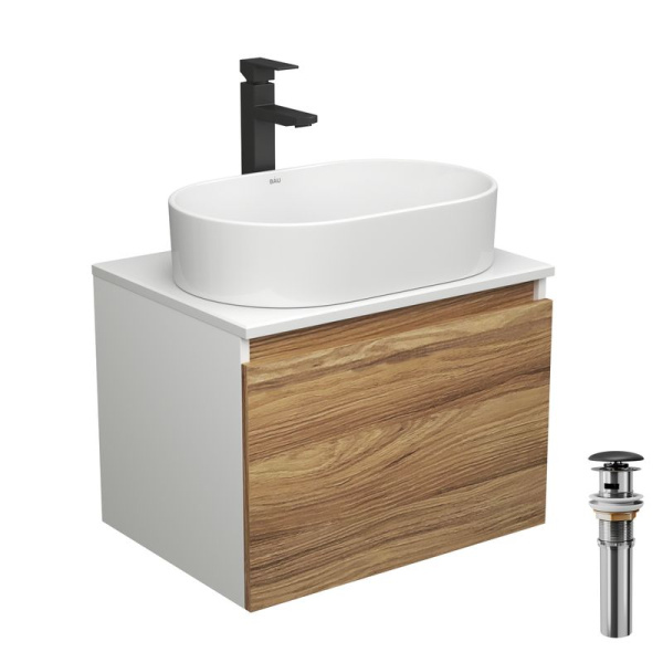 Комплект для ванной, 4 предмета (тумба Bau Dream 60 + раковина овальная BAU 56х36, белая + смеситель Hotel Black, выпуск клик-клак, черный)