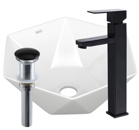 Раковина накладная со смесителем и выпуском (на столешницу BAU Crystal 40х40, белая + смеситель Hotel Black, черный, выпуск клик-клак черный)