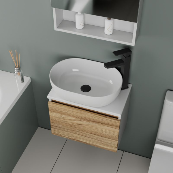 Комплект для ванной, 4 предмета (Тумба подвесная Bau Blackwood 50 + Раковина BAU 48х34 + Смеситель высокий Hotel Black, черный, выпуск черный)