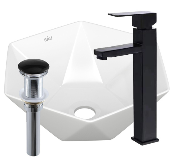 Раковина накладная со смесителем и выпуском (на столешницу BAU Crystal 40х40, белая + смеситель Hotel Black, черный, выпуск клик-клак черный)