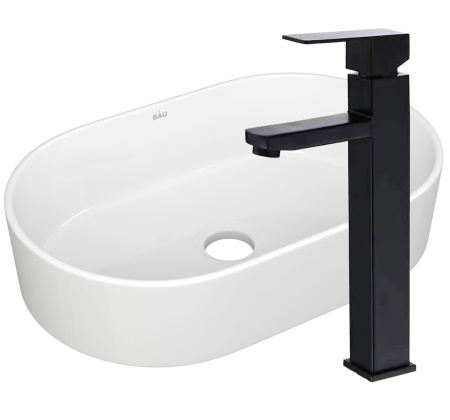 Раковина накладная со смесителем (овальная BAU Nimb 56х36, белая + смеситель высокий Hotel Black, черный)
