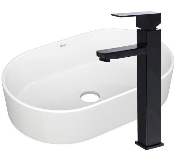 Раковина накладная со смесителем (овальная BAU Nimb 56х36, белая + смеситель высокий Hotel Black, черный)