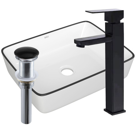 Раковина накладная со смесителем и выпуском (прямоугольная BAU Hotel 48х37, белая + смеситель  Hotel Black, черный, выпуск клик-клак черный)