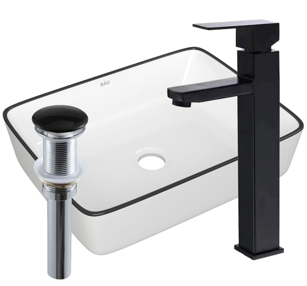 Раковина накладная со смесителем и выпуском (прямоугольная BAU Hotel 48х37, белая + смеситель Hotel Black, черный, выпуск клик-клак черный)
