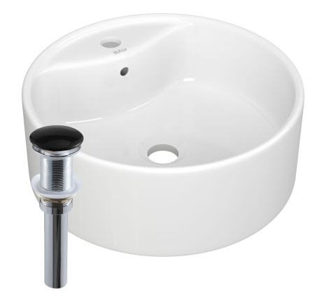 Раковина круглая накладная BAU Element D40, с отверстием под смеситель, белая + выпуск клик-клак, черный