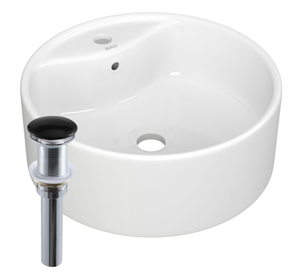 Раковина круглая накладная BAU Element D40, с отверстием под смеситель, белая + выпуск клик-клак, черный