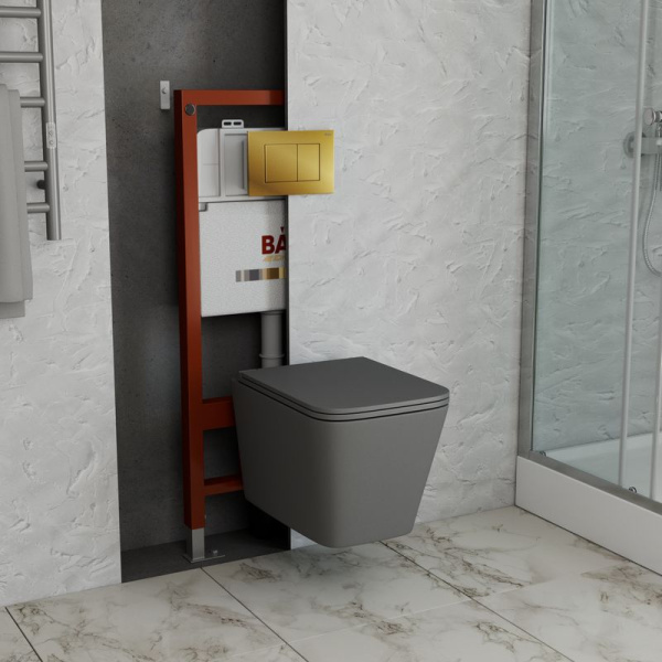 Комплект BAU 6 в 1: инсталляция BAU PRO, унитаз подвесной безободковый торнадо обратного потока Bau Stil Hurricane-2, сиденье микролифт, темно-серый матовый, клавиша BAU Stil, золото