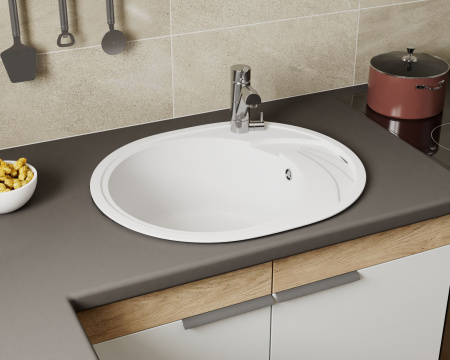 Мойка для кухни оборачиваемая овальная BAU Nimb White snow 58х47, выпуск с сифоном в комплекте, белый снег