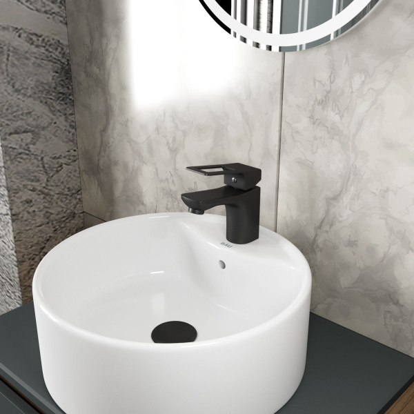 Раковина накладная со смесителем (круглая BAU Element D40, белая + смеситель Cerama Black, черный)