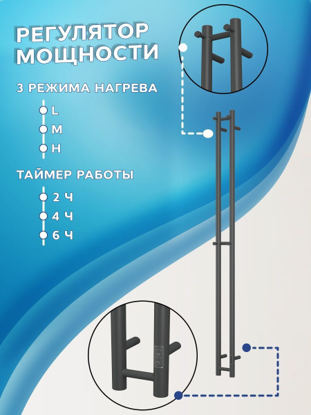 Полотенцесушитель дизайнерский электрический, профильный BAU Stella 8х160, 2 коллектора, 3 крючка (Чёрный матовый DB-0066)