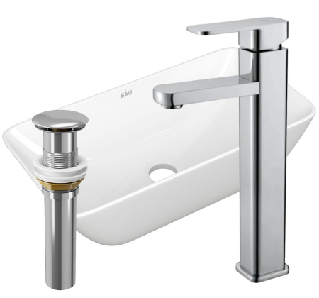 Раковина накладная со смесителем и выпуском (прямоугольная BAU Spectrum mini 47х24, белая + смеситель Hotel Still, нер. сталь, выпуск клик-клак хром)