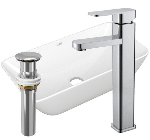 Раковина накладная со смесителем и выпуском (прямоугольная BAU Spectrum mini 47х24, белая + смеситель Hotel Still, нер. сталь, выпуск клик-клак хром)