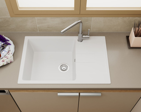 Мойка для кухни оборачиваемая с крылом BAU Stil White snow 76х50, выпуск с сифоном в комплекте, белый снег