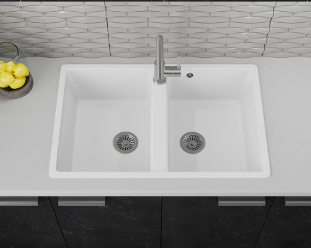 Мойка для кухни двойная чаша BAU Stil White snow 77х50, выпуск с сифоном в комплекте, белый снег