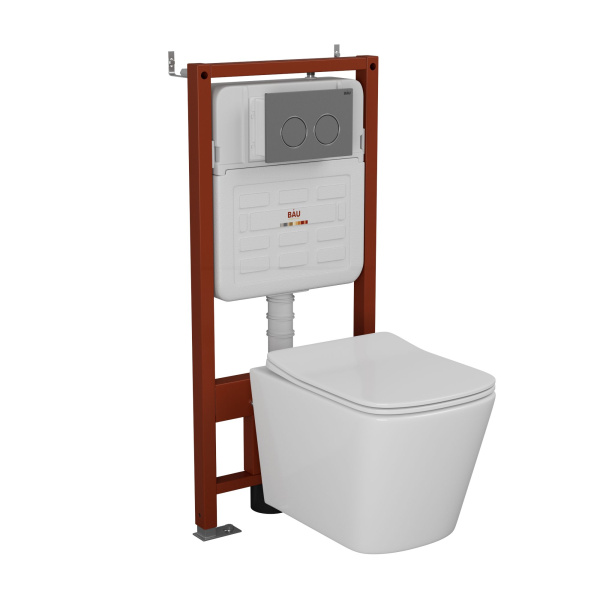 Комплект BAU 6 в 1: усиленная инсталляция BAU IDEAL, унитаз подвесной безободковый Bau Stil 49х35, сиденье дюропласт микролифт, клавиша BAU Round Gun gray, серый металлик