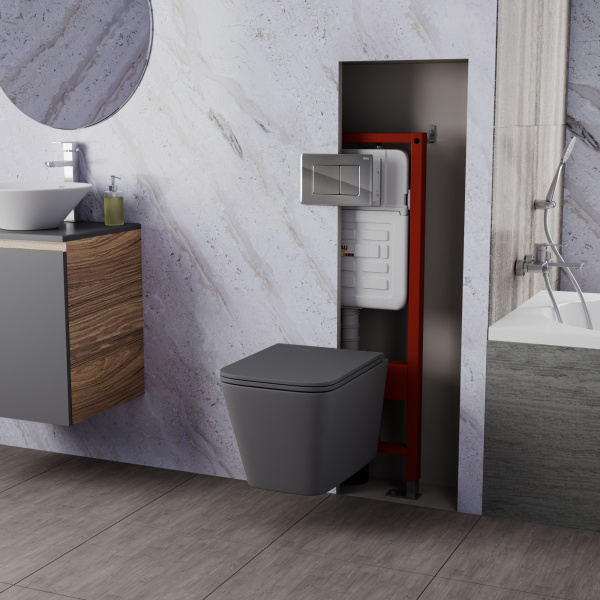 Комплект BAU 6 в 1: усиленная инсталляция BAU IDEAL, унитаз подвесной безободковый торнадо обратного потока Bau Stil Hurricane2 темно-серый матовый, сиденье микролифт, клавиша BAU Light антивандальная