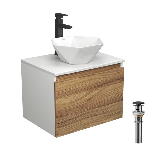 Комплект для ванной, 4 предмета (тумба Bau Dream 60 + раковина на столешницу BAU 40х40, белая + смеситель Hotel Black, выпуск клик-клак, черный)