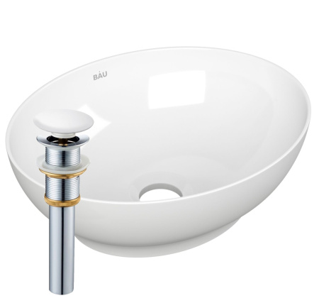 Раковина накладная овальная BAU Nimb 41х33, белая + выпуск клик-клак, белый