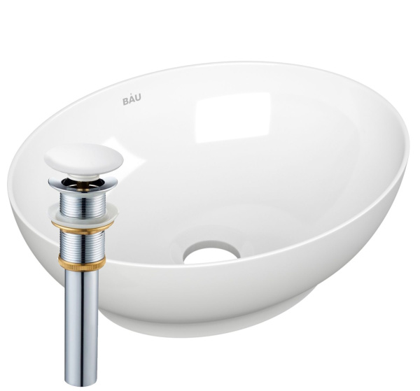 Раковина накладная овальная BAU Nimb 41х33, белая + выпуск клик-клак, белый