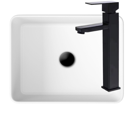 Раковина со смесителем (Умывальник на столешницу BAU Hotel прямоугольный 48х37, белая, смеситель высокий Hotel Black, черный)
