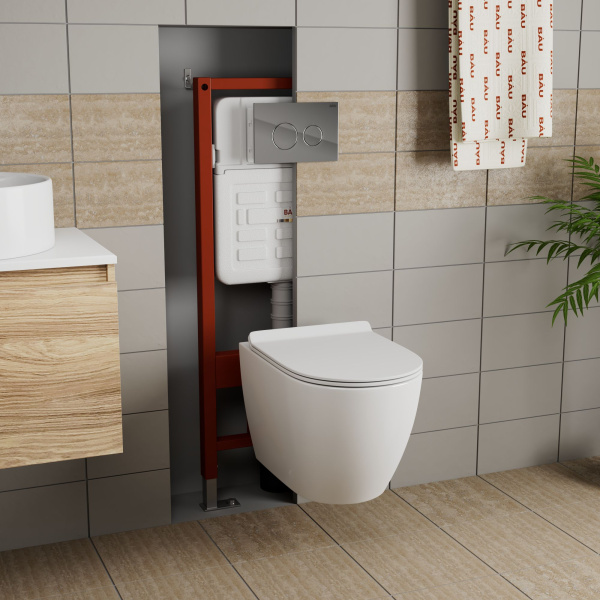 Комплект BAU 6 в 1: усиленная инсталляция BAU IDEAL, унитаз подвесной безободковый Bau Dream, сиденье дюропласт микролифт, клавиша BAU Wheel антивандальная, нерж. сталь хром