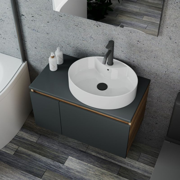 Комплект для ванной, 4 предмета (Тумба подвесная Blackwood 80 графит + Раковина BAU 51х41, с отв. под см-ль + Смеситель Dream Black, выпуск черный)