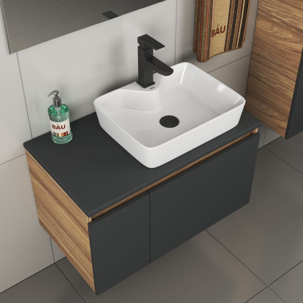 Комплект для ванной, 4 предмета (тумба Bau 80, графит + раковина BAU 48х37, с отв. под смеситель + смеситель Hotel Black, выпуск клик-клак, черный)