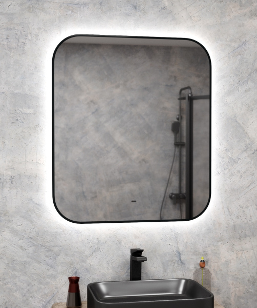 Зеркало Bau Black Rand 70х80, с LED фоновой подсветкой, бесконтактным сенсором, черной окантовкой