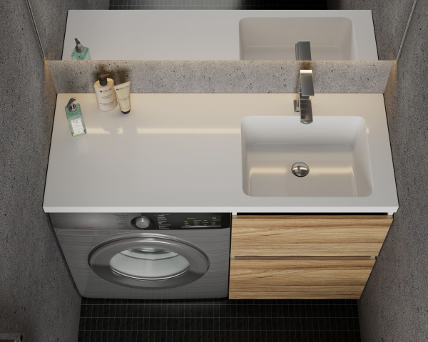 Раковина над стиральной машиной BAU Bloom 120х50, литьевой мрамор в комплекте с кронштейнами и сифоном белый глянец, правая