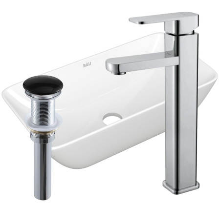 Раковина накладная со смесителем и выпуском (прямоугольная BAU mini 47х24, белая + смеситель Hotel Still, нер. сталь, выпуск клик-клак черный)